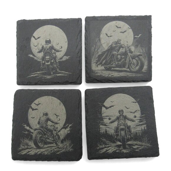 MOTORCYCLE Skeleton COASTER Moonlit Slate Gothic Set of 4 - Picture 2 of 6